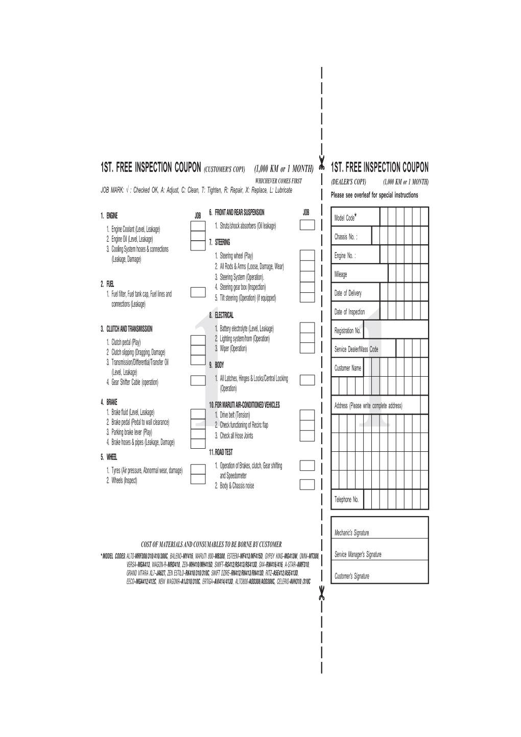 1ST. FREE INSPECTION COUPON(CUSTOMER's COPY) (1,000 KM Or 1 MONTH) 1ST