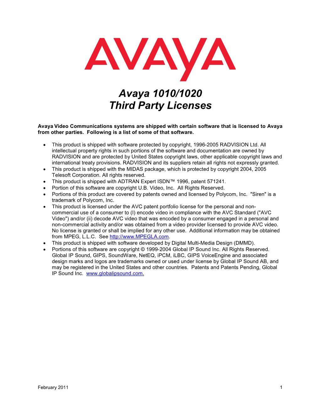 Avaya 1010/1020 Third Party Licenses