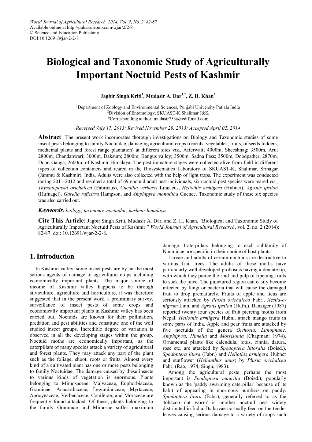 Biological and Taxonomic Study of Agriculturally Important Noctuid Pests of Kashmir