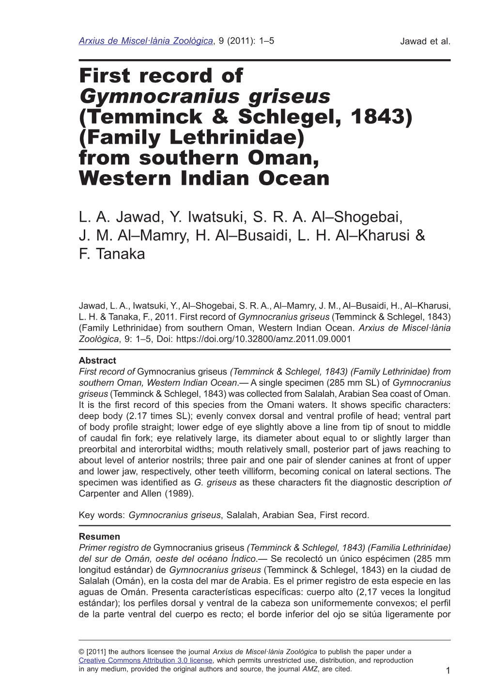 First Record of Gymnocranius Griseus (Temminck & Schlegel, 1843) (Family Lethrinidae) from Southern Oman, Western Indian Ocean
