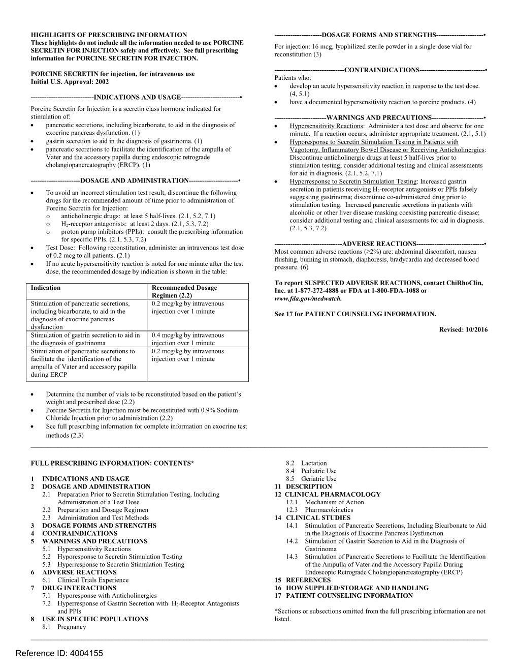 PORCINE SECRETIN for Injection Label