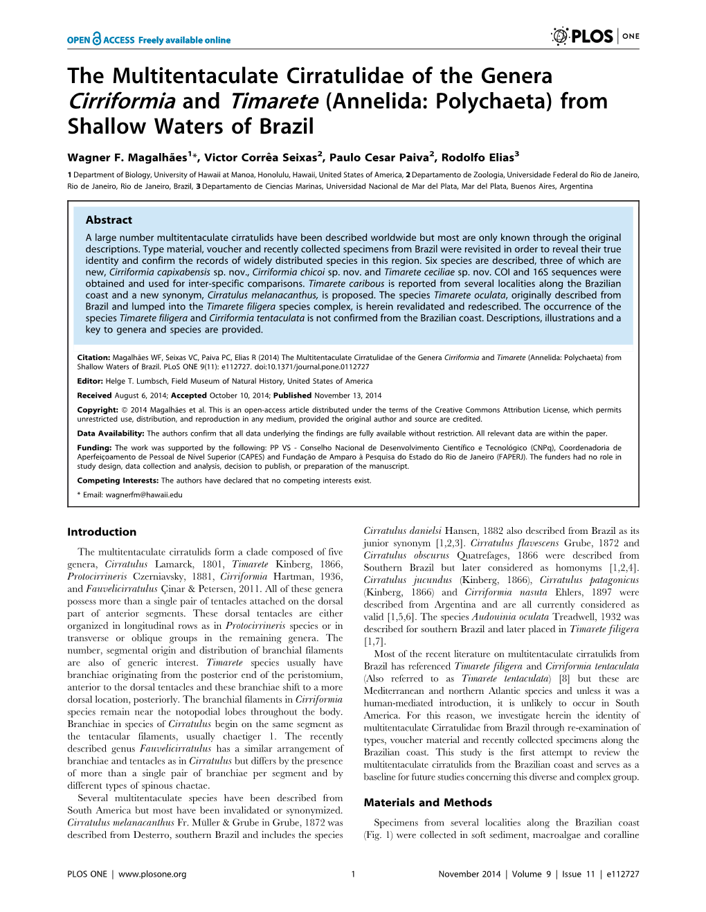 The Multitentaculate Cirratulidae of the Genera Cirriformia and Timarete (Annelida: Polychaeta) from Shallow Waters of Brazil