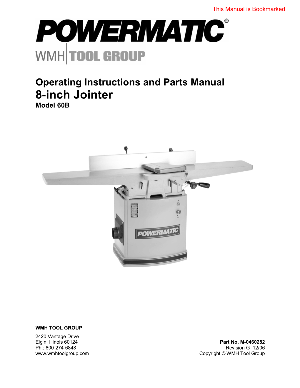 Operating Instructions and Parts Manual 8-Inch Jointer Model 60B