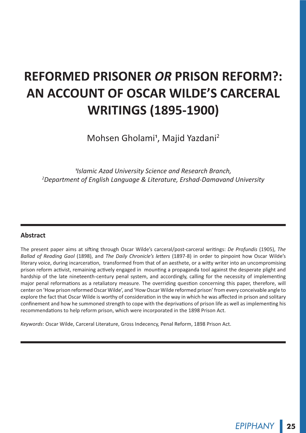 Reformed Prisoner Or Prison Reform?: an Account of Oscar Wilde’S Carceral Writings (1895-1900)