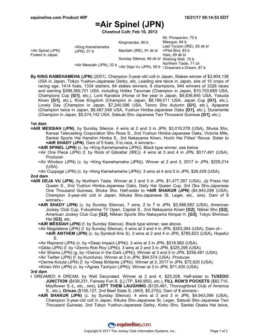 =Air Spinel (JPN) Chestnut Colt; Feb 10, 2013 Mr