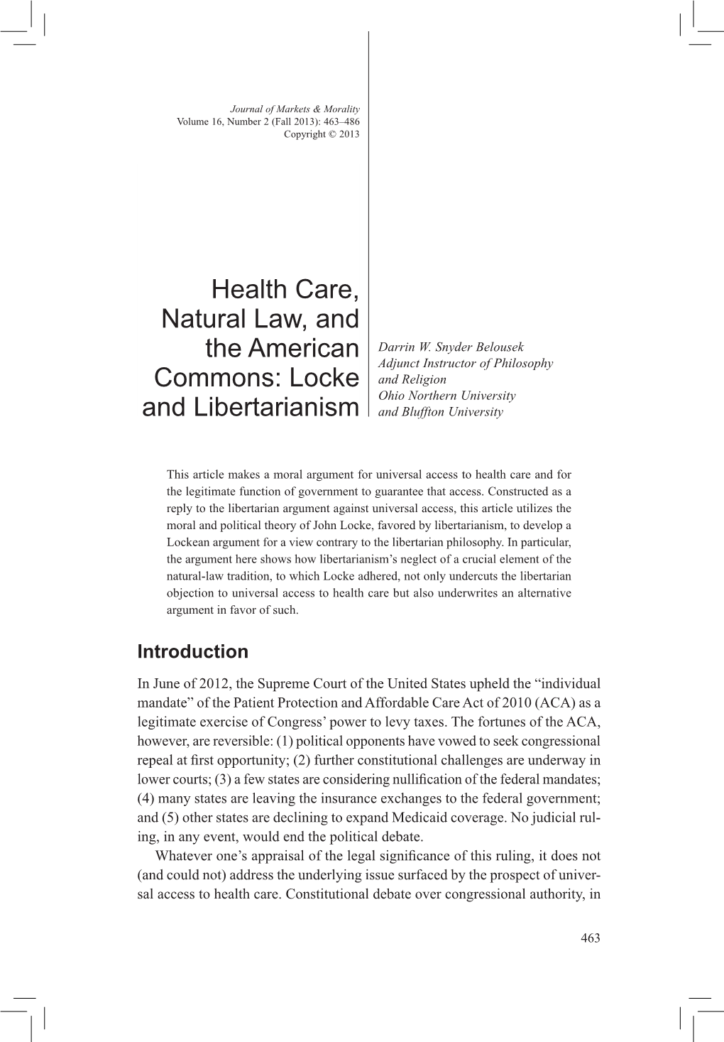 Health Care, Natural Law, and the American Commons: Locke And