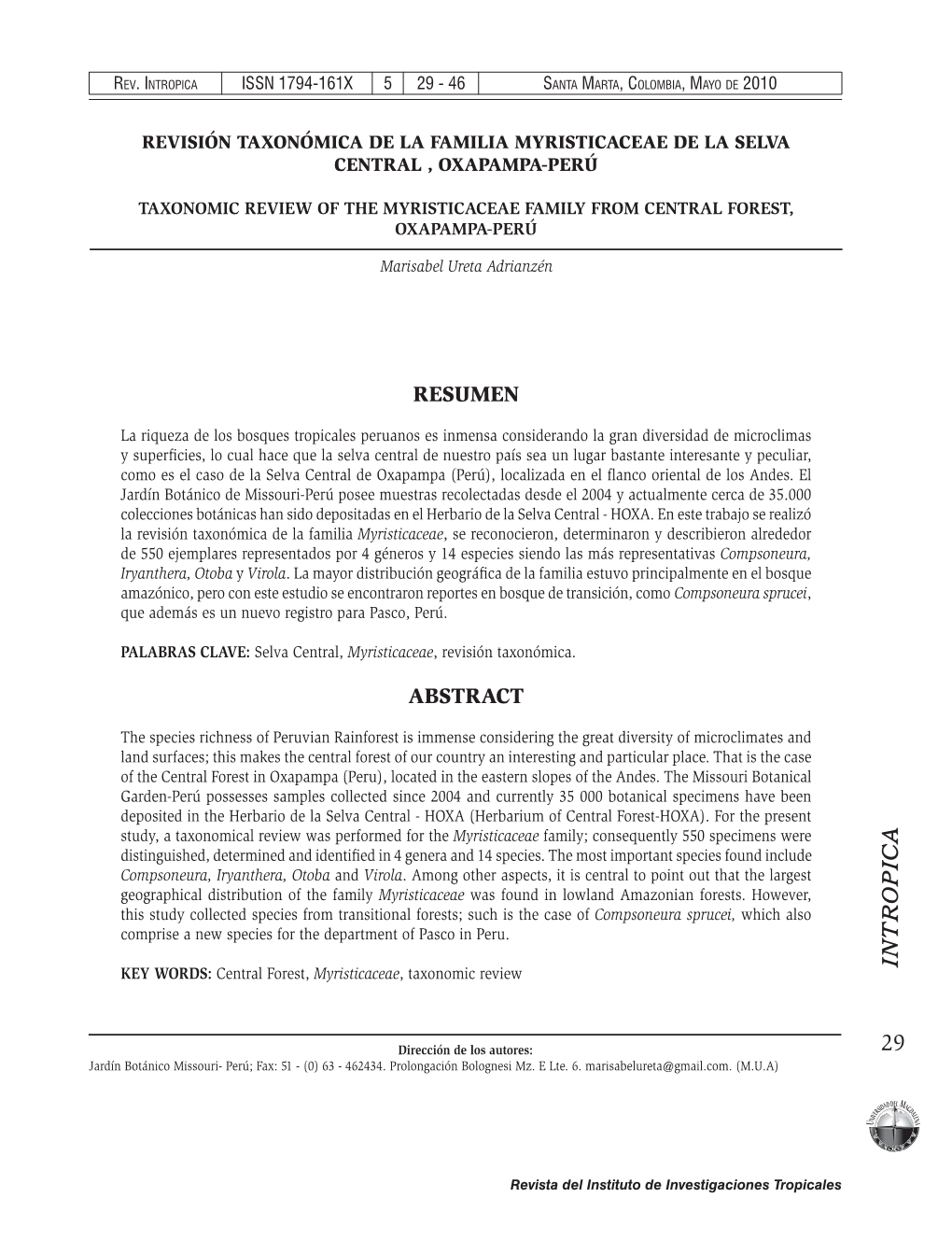 Revisión Taxonómica De La Familia Myristicaceae De La Selva Central , Oxapampa-Perú