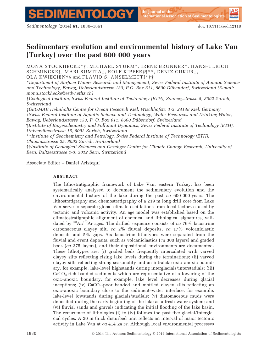 Sedimentary Evolution and Environmental History of Lake Van (Turkey) Over the Past 600 000 Years