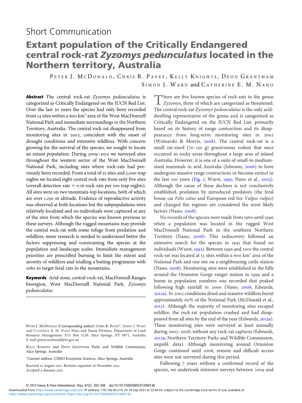 Short Communication Extant Population of the Critically Endangered Central Rock-Rat Zyzomys Pedunculatus Located in the Northern Territory, Australia