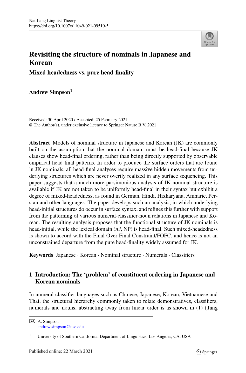 Revisiting the Structure of Nominals in Japanese and Korean Mixed Headedness Vs