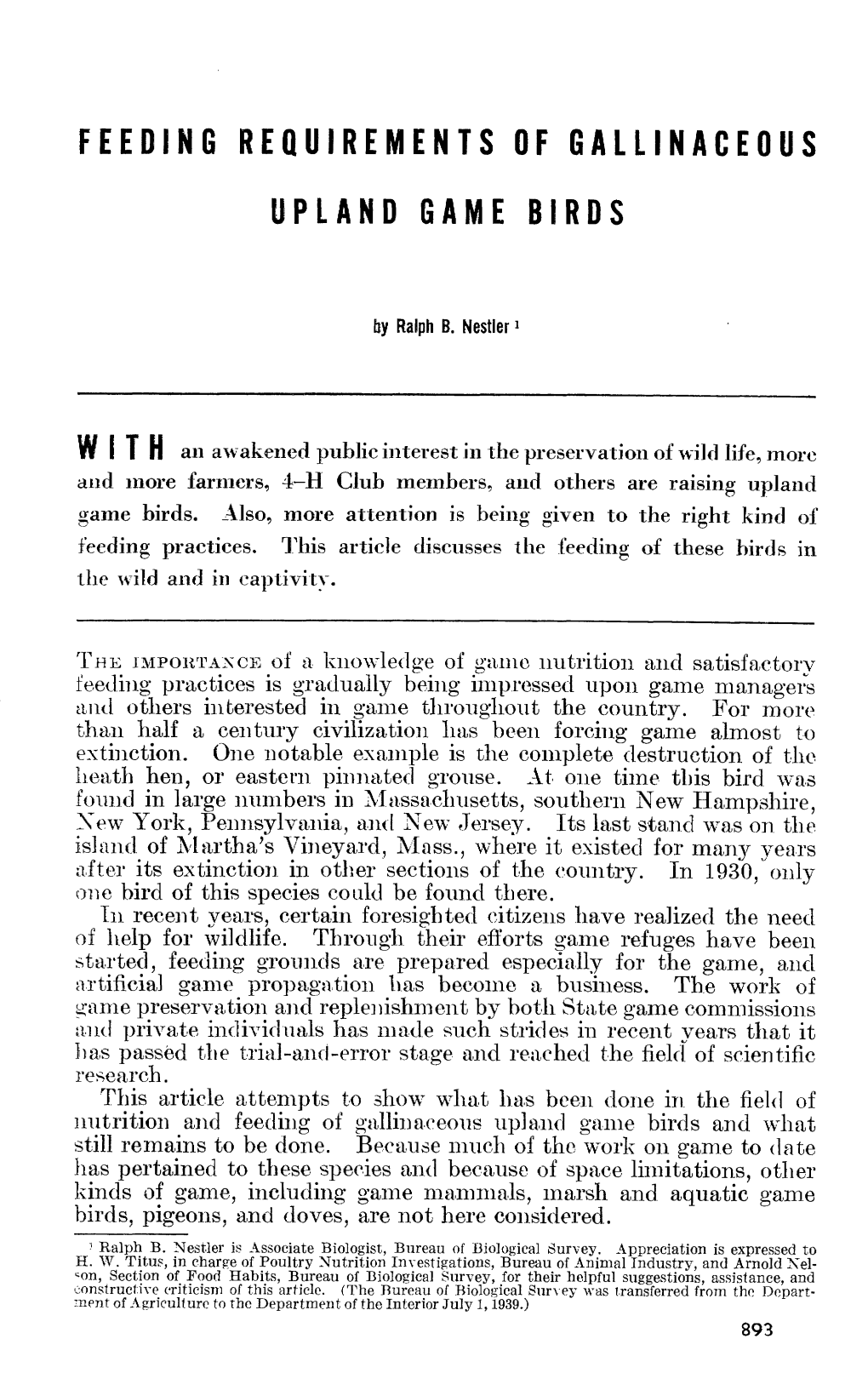 Feeding Requirements of Gallinaceous Upland Game