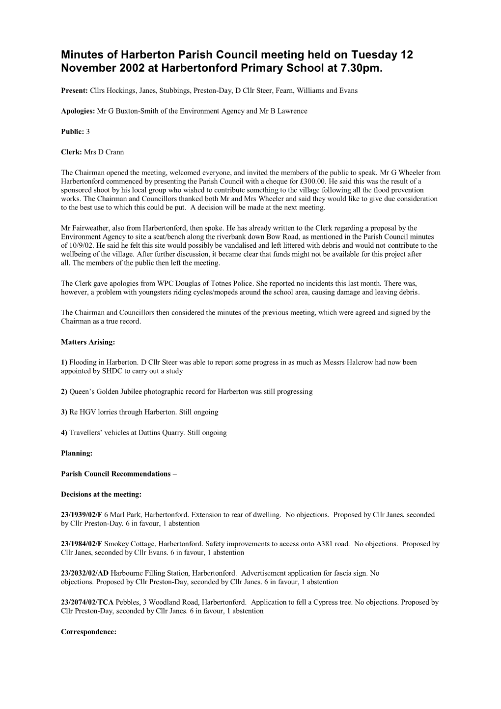 Minutes of Harberton Parish Council Meeting Held on Tuesday 12 November 2002 at Harbertonford Primary School at 7.30Pm