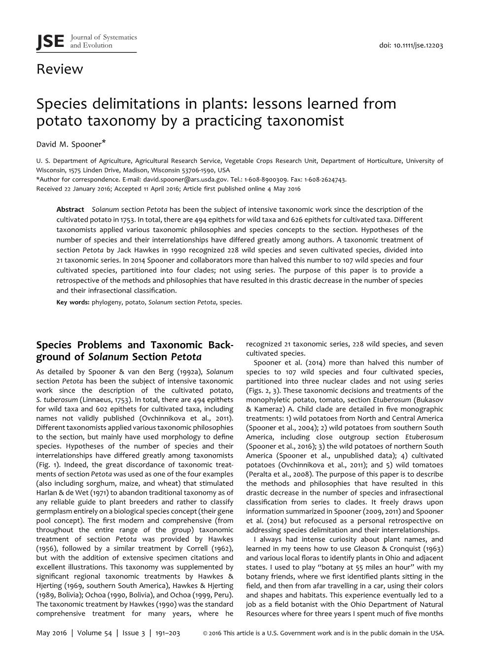 Species Delimitations in Plants: Lessons Learned from Potato Taxonomy by a Practicing Taxonomist