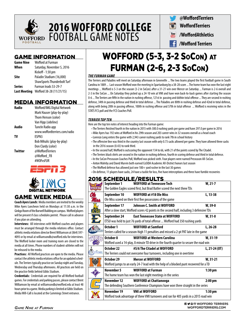 2016 Wofford College Football Game Notes