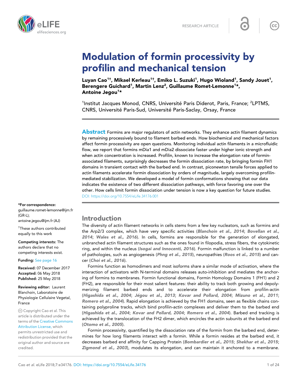 Modulation of Formin Processivity by Profilin and Mechanical Tension Luyan Cao1†, Mikael Kerleau1†, Emiko L