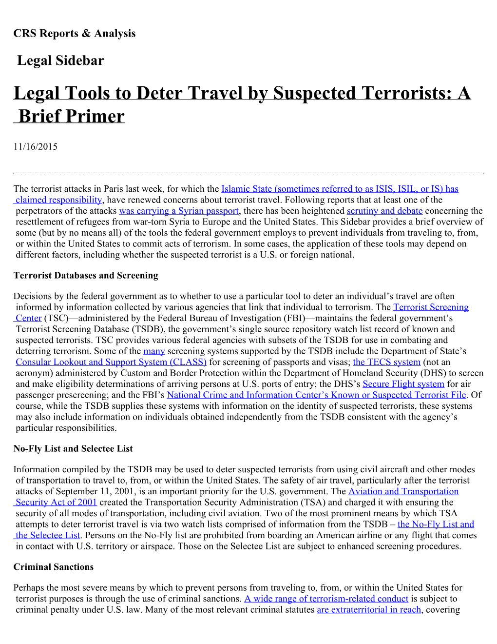 Legal Tools to Deter Travel by Suspected Terrorists: a Brief Primer