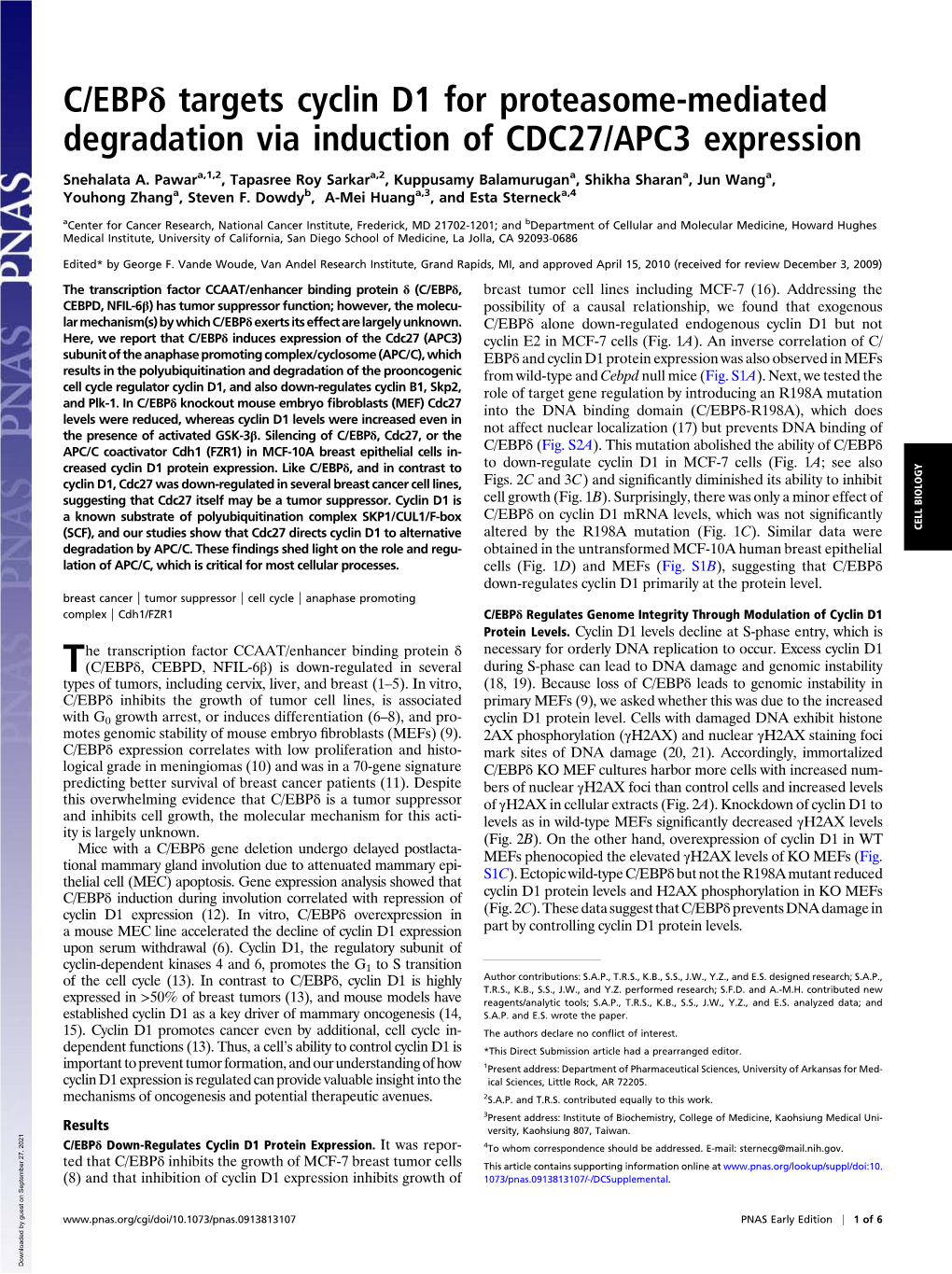 C/Ebpδ Targets Cyclin D1 for Proteasome-Mediated Degradation Via Induction of CDC27/APC3 Expression