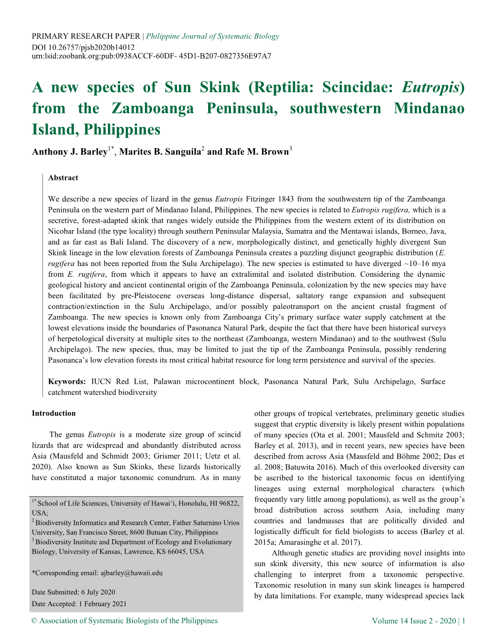 A New Species of Sun Skink (Reptilia: Scincidae: Eutropis) from the Zamboanga Peninsula, Southwestern Mindanao Island, Philippines Anthony J