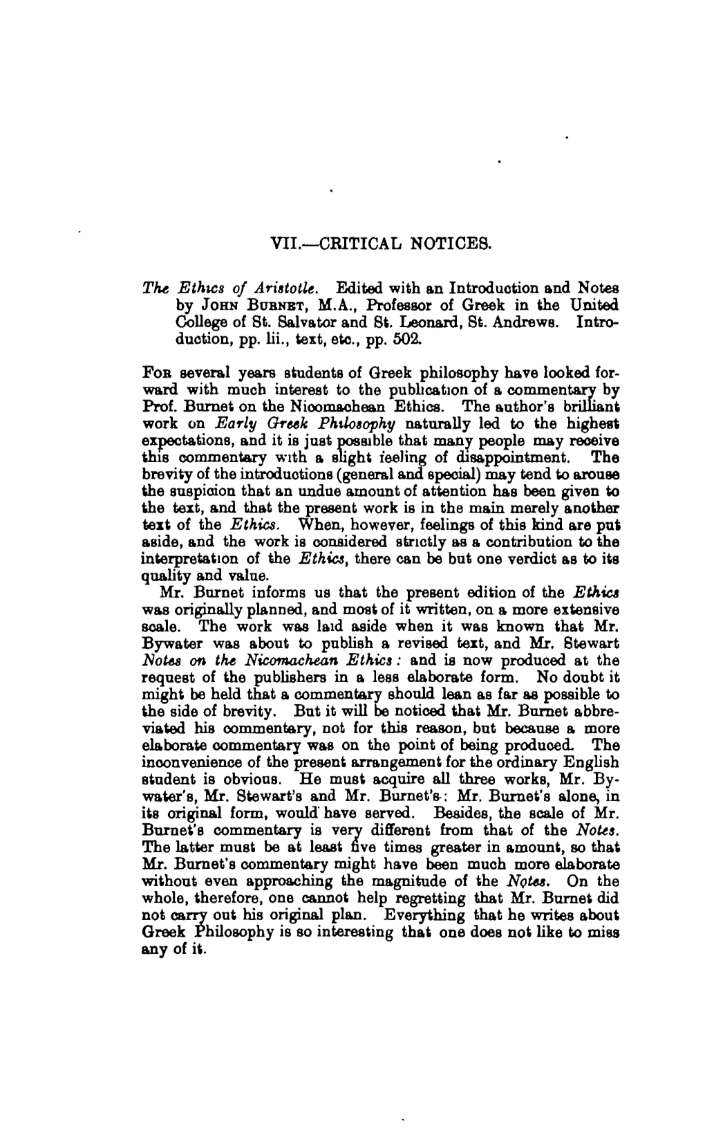 VII.—CRITICAL Noticea the Ethics of Aristotle. Edited with An