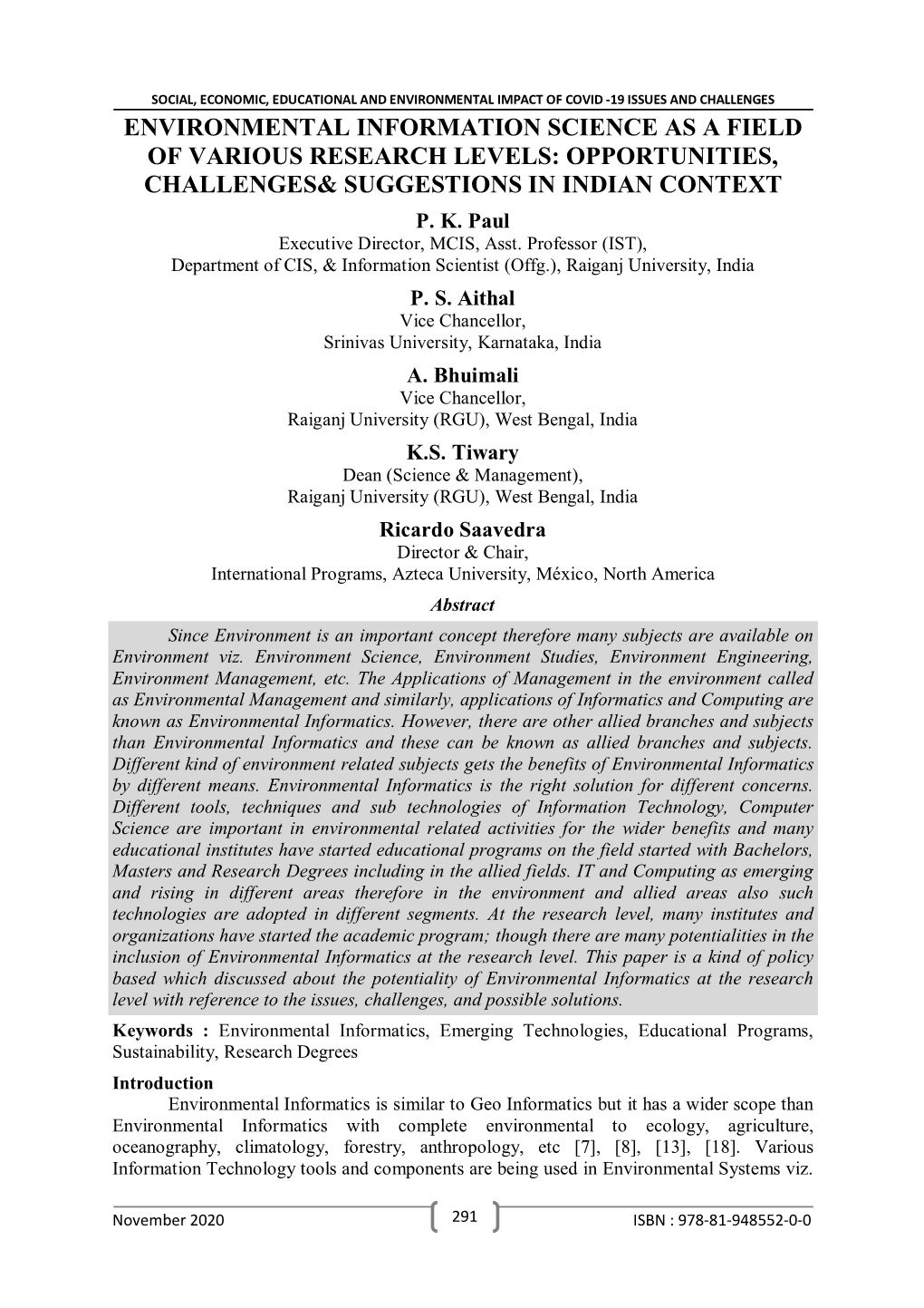 Environmental Information Science As a Field of Various Research Levels: Opportunities, Challenges& Suggestions in Indian Context P