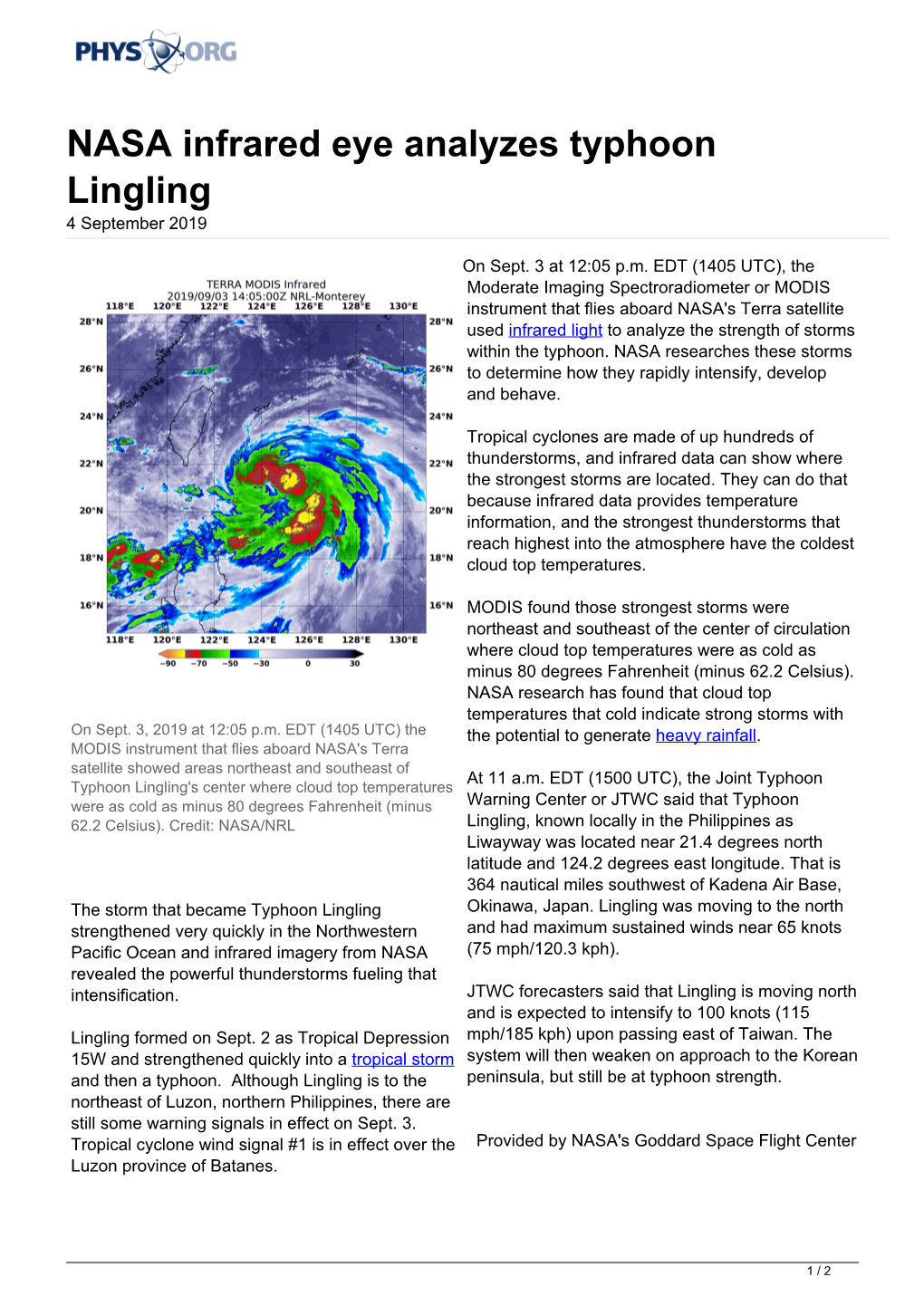 NASA Infrared Eye Analyzes Typhoon Lingling 4 September 2019