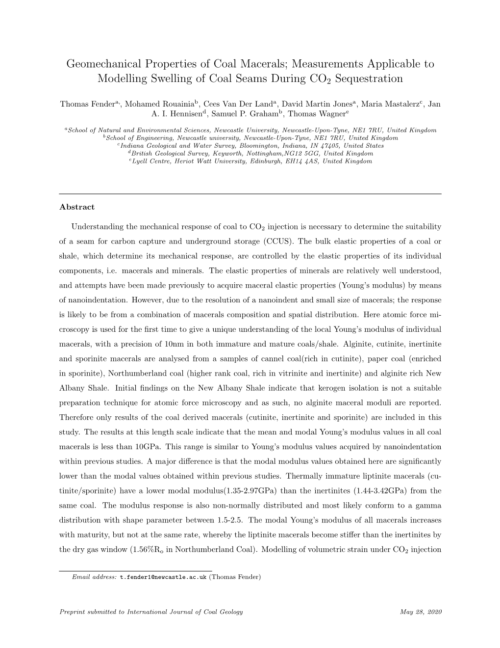 Geomechanical Properties of Coal Macerals; Measurements Applicable to Modelling Swelling of Coal Seams During CO2 Sequestration