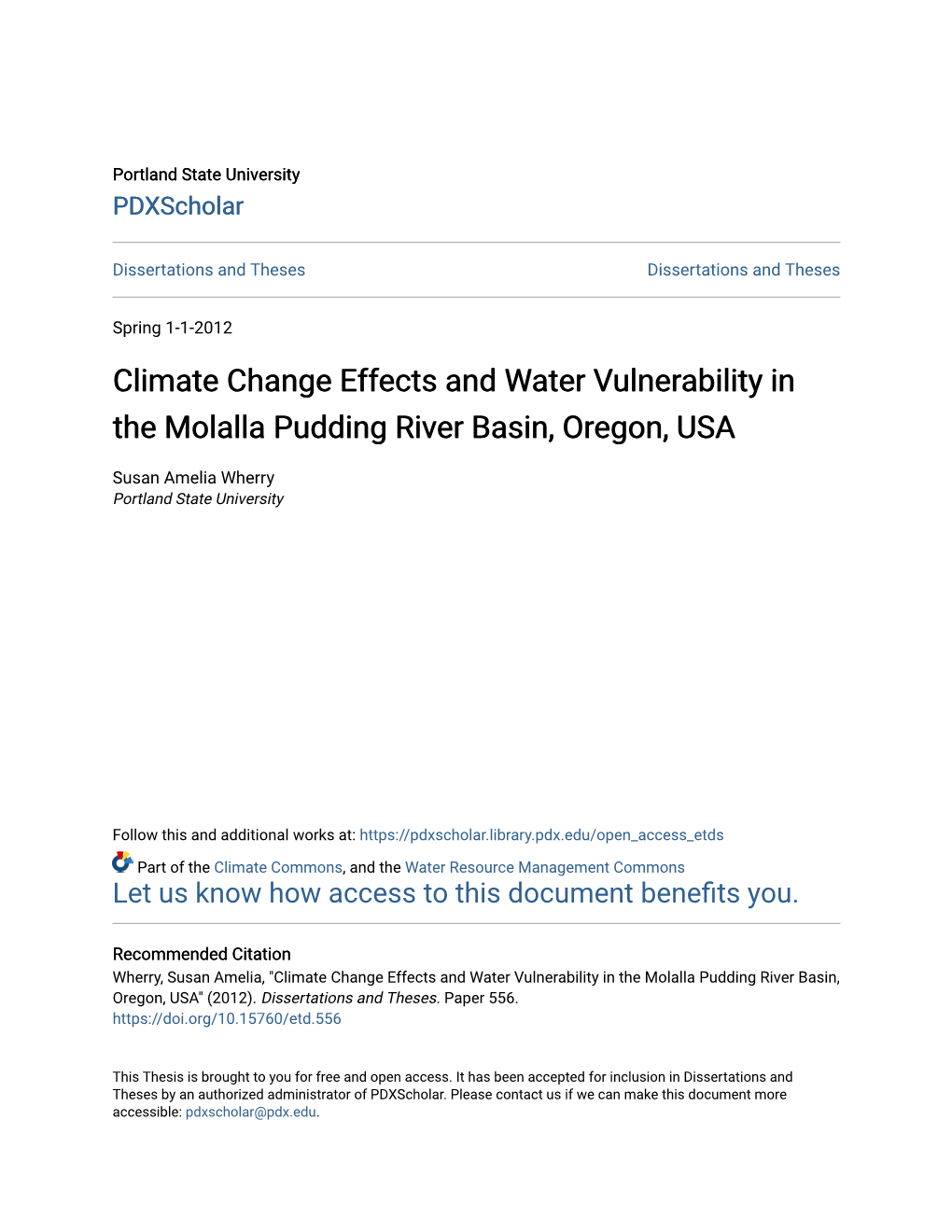 Climate Change Effects and Water Vulnerability in the Molalla Pudding River Basin, Oregon, USA