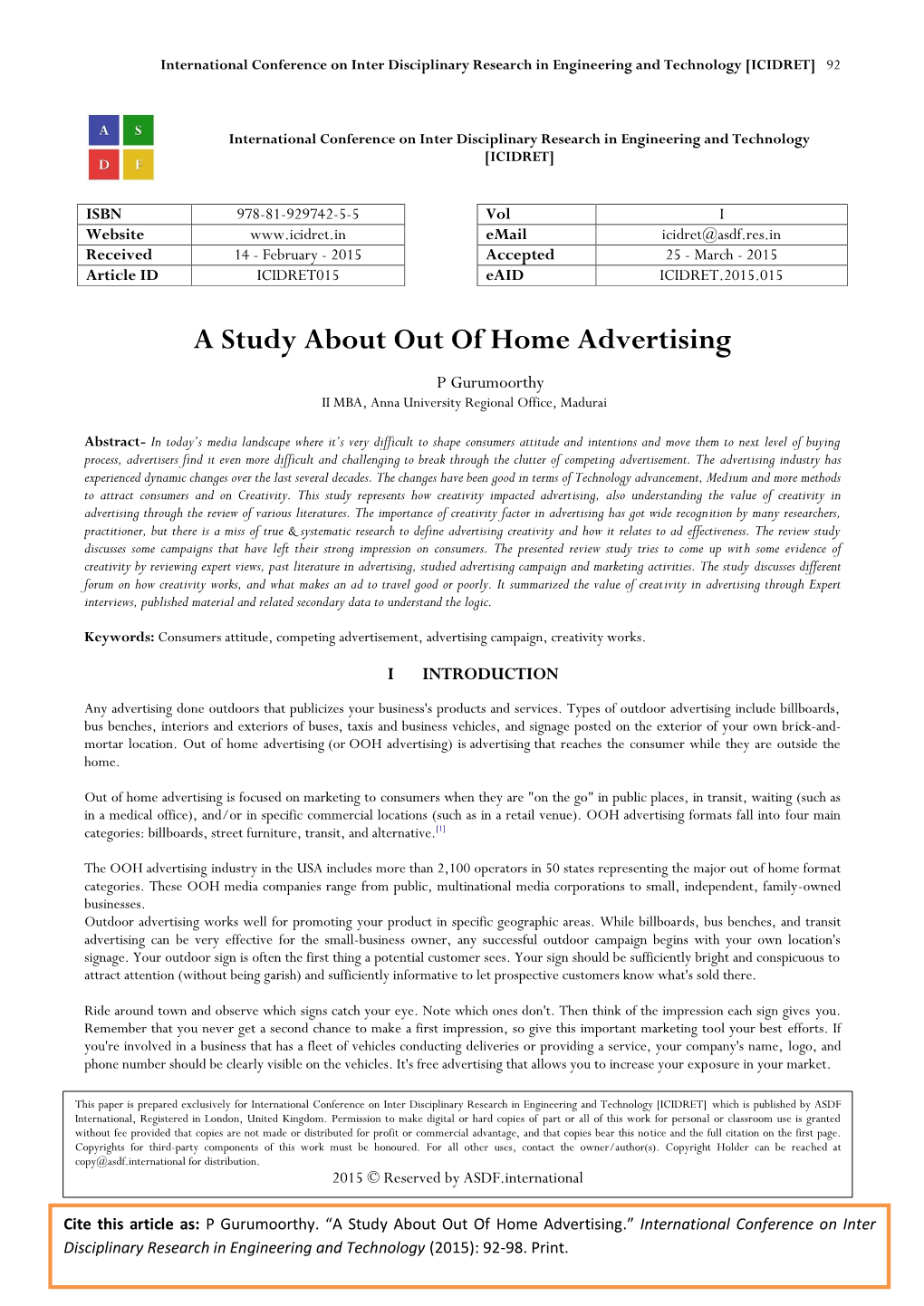 A Study About out of Home Advertising