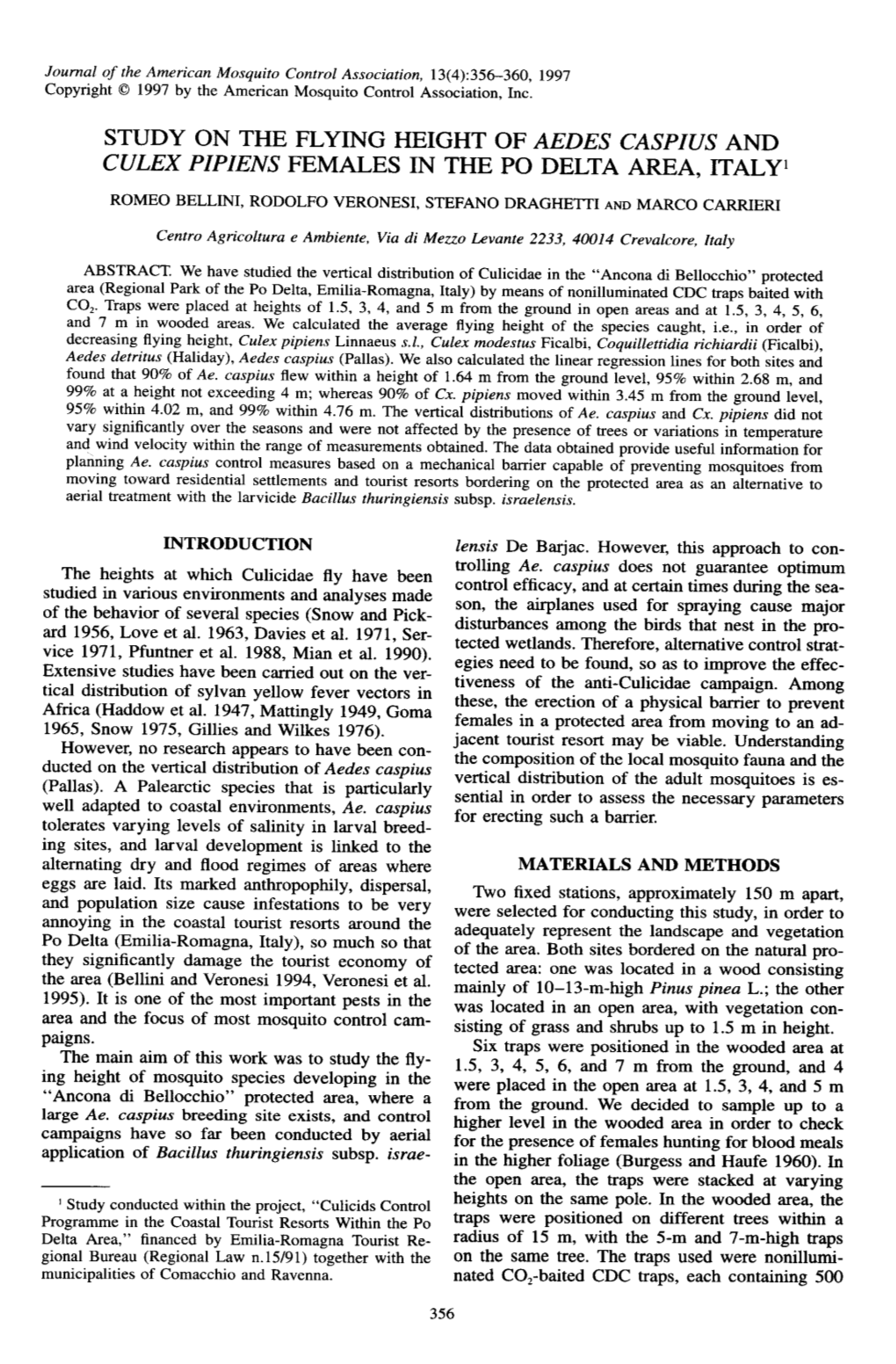 Study on the Flying Height of Aedes Caspius and Culex Pipiens Females in the Po Delta Area, Italyi