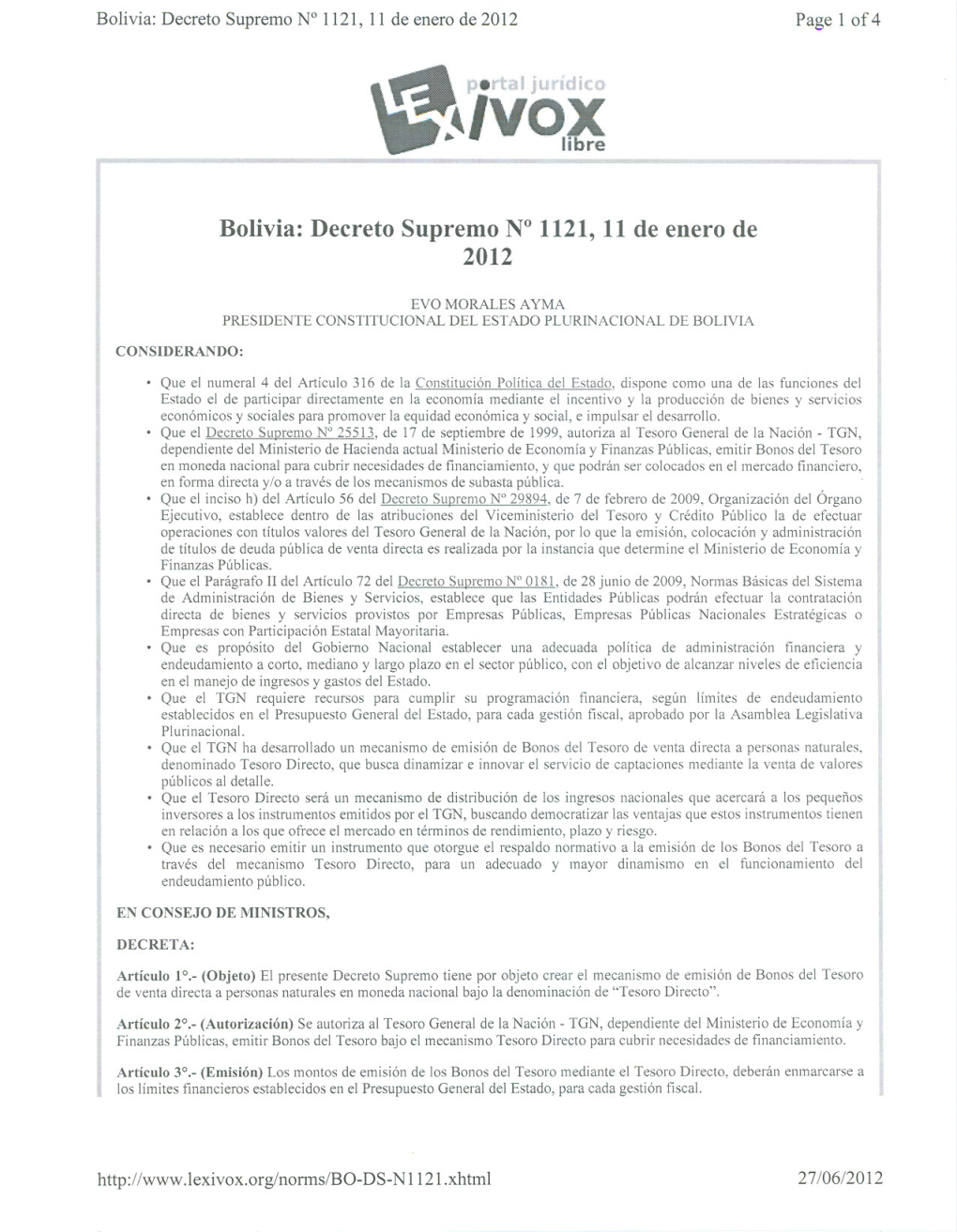Bolivia: Decreto Supremo N° 1121, 11De Enero De 2012