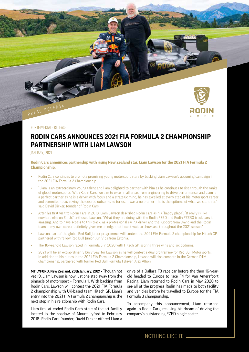 Rodin Cars Announces 2021 Fia Formula 2 Championship Partnership with Liam Lawson January, 2021