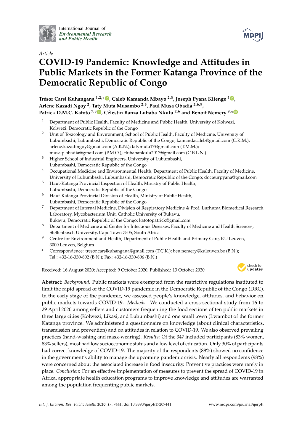 COVID-19 Pandemic: Knowledge and Attitudes in Public Markets in the Former Katanga Province of the Democratic Republic of Congo