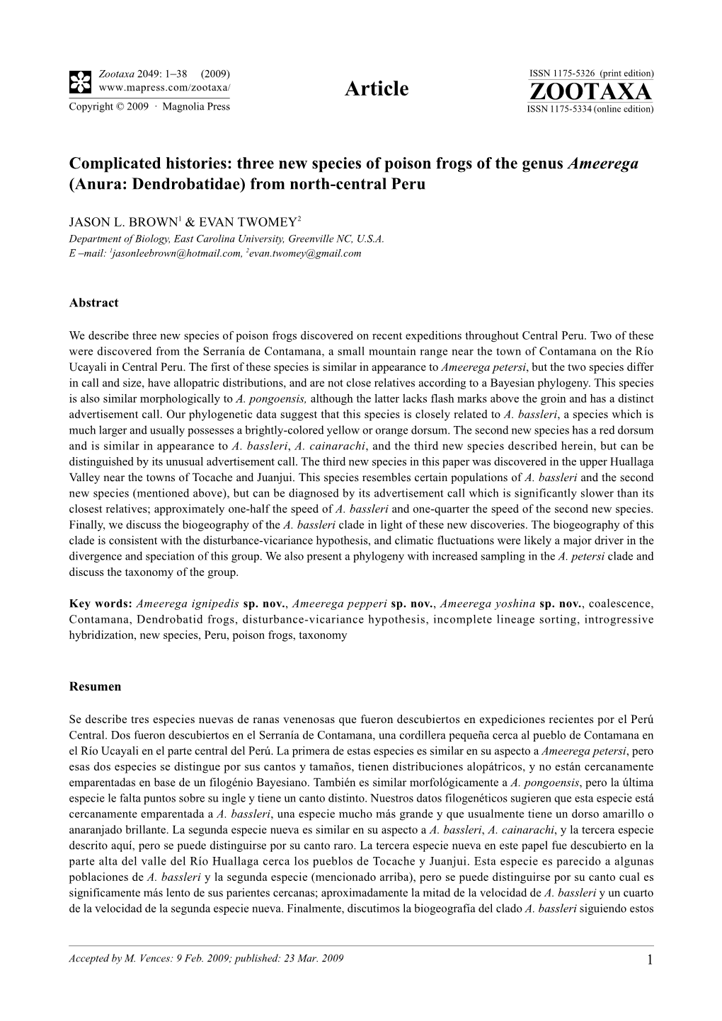 Zootaxa, Complicated Histories: Three New Species Of