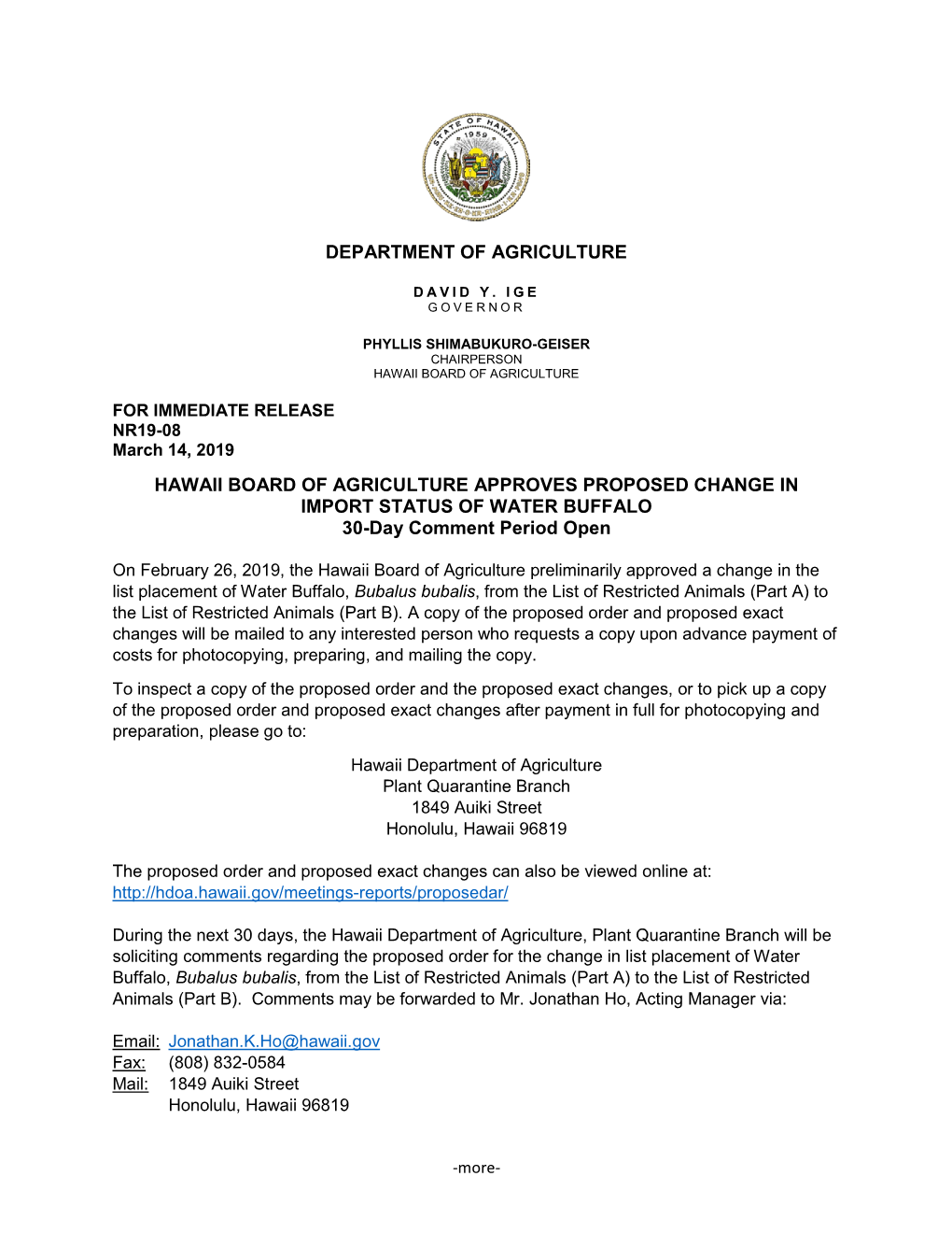 2019-03-23-ST-Notice-Dept-Of-Ag-Re-Import-Status-Of-Water-Buffalo