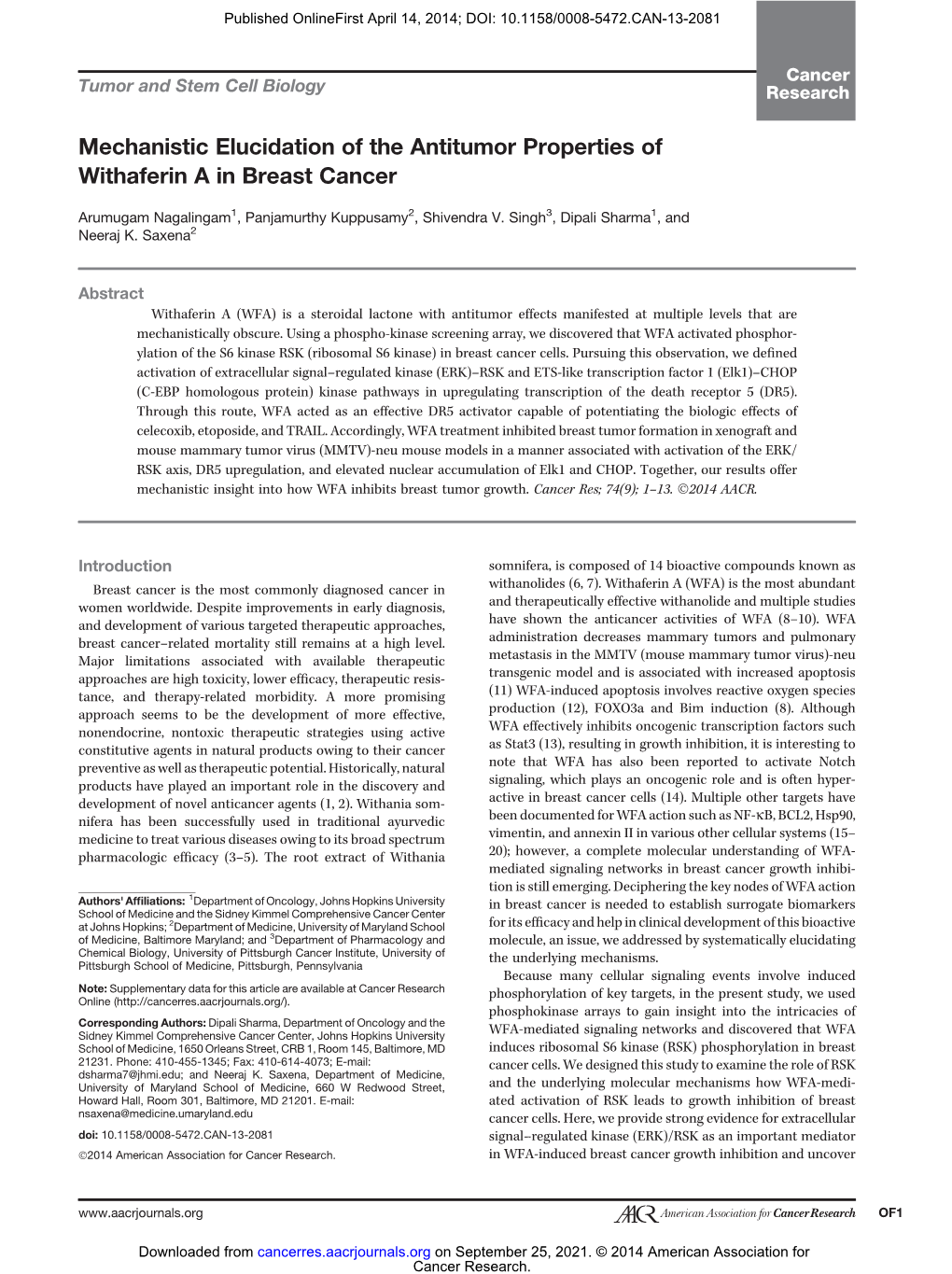 Mechanistic Elucidation of the Antitumor Properties of Withaferin a in Breast Cancer