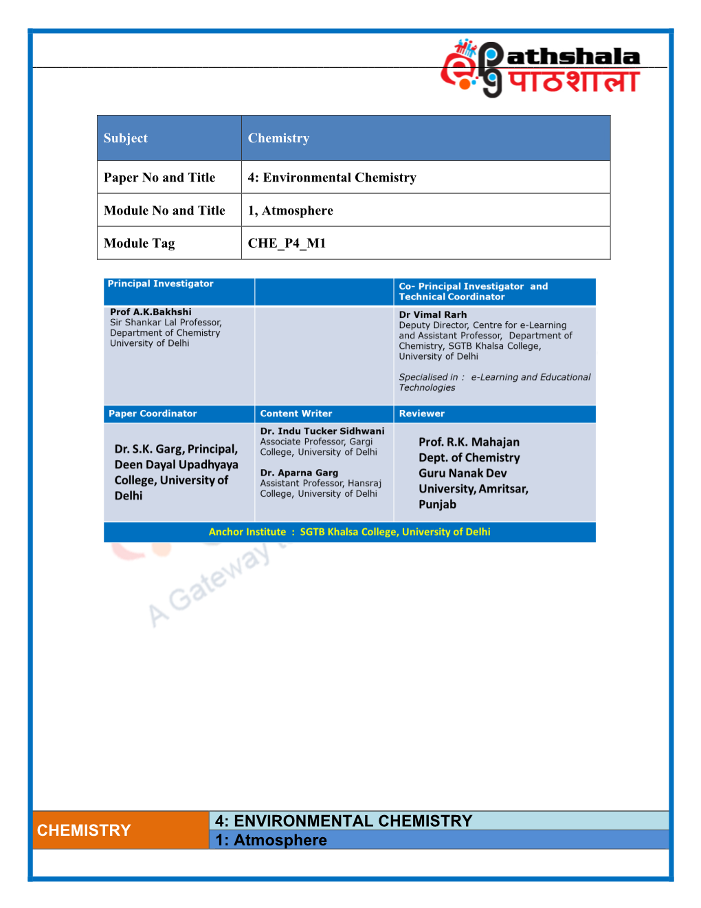 ENVIRONMENTAL CHEMISTRY 1: Atmosphere