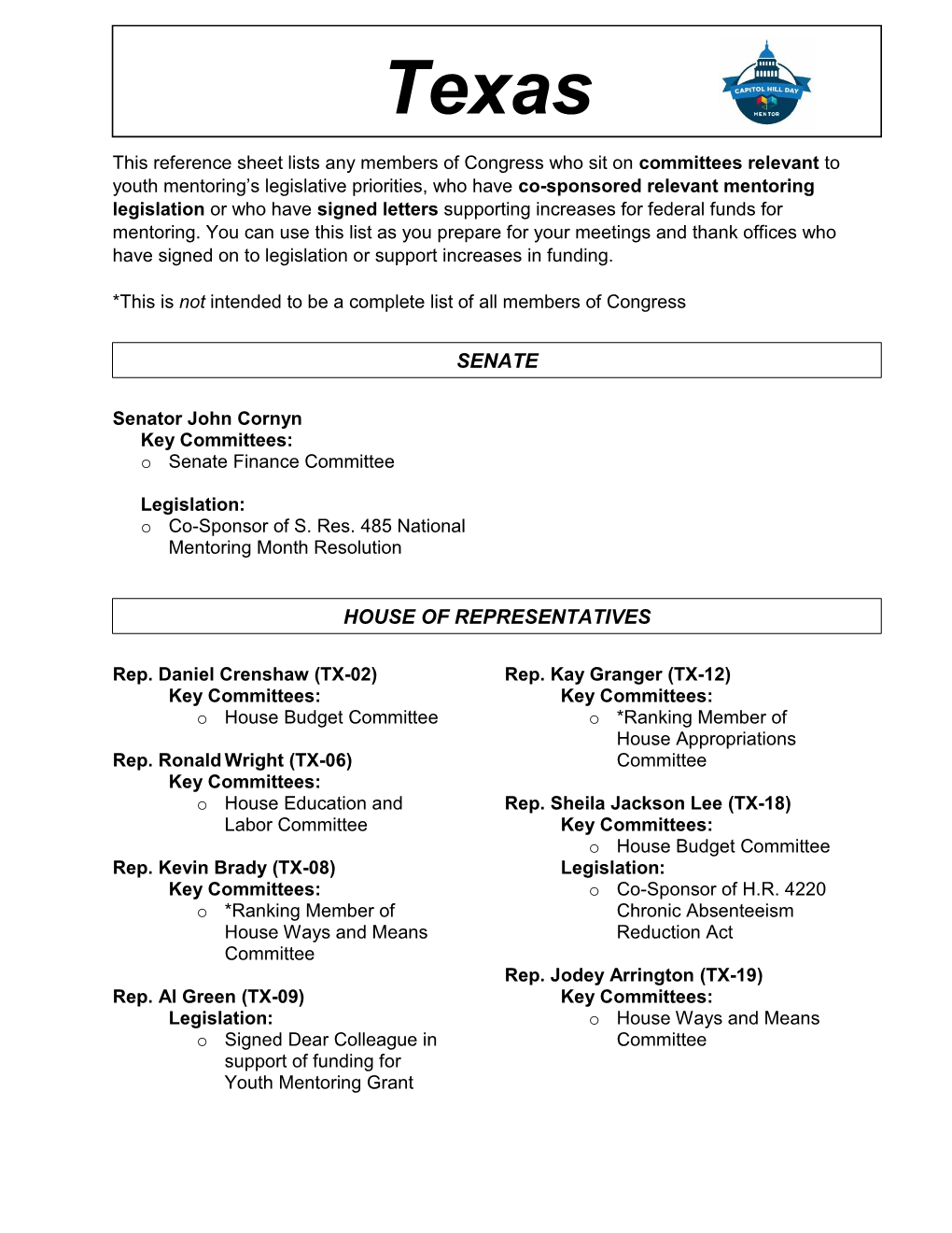 Congressional Reference Sheet Texas