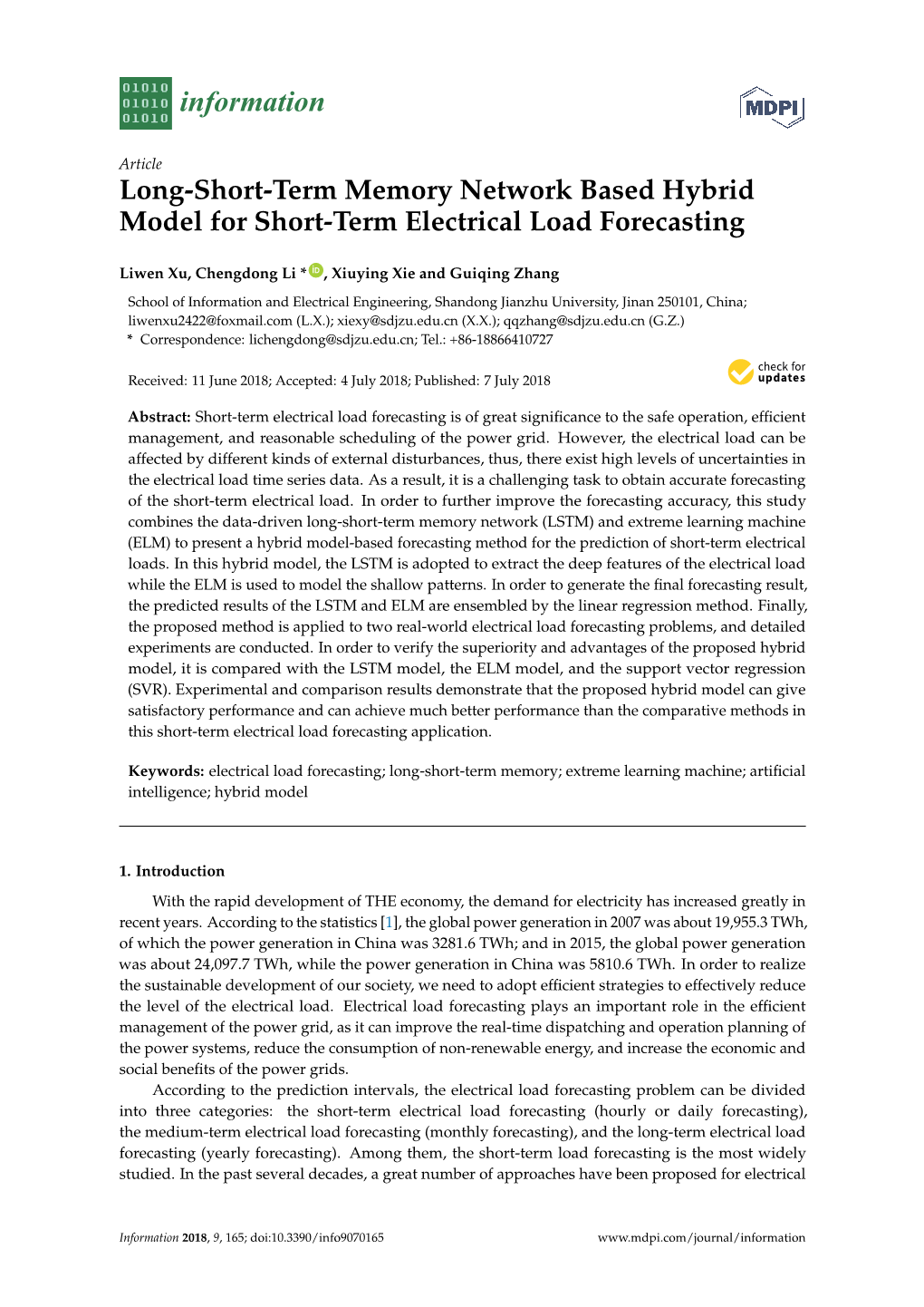 Long-Short-Term Memory Network Based Hybrid Model for Short-Term Electrical Load Forecasting