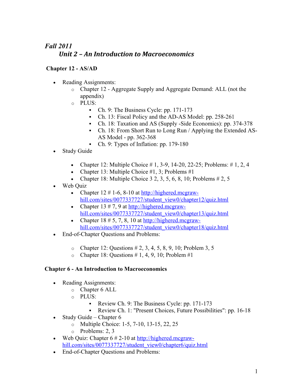 Fall 2011Unit 2 an Introduction to Macroeconomics