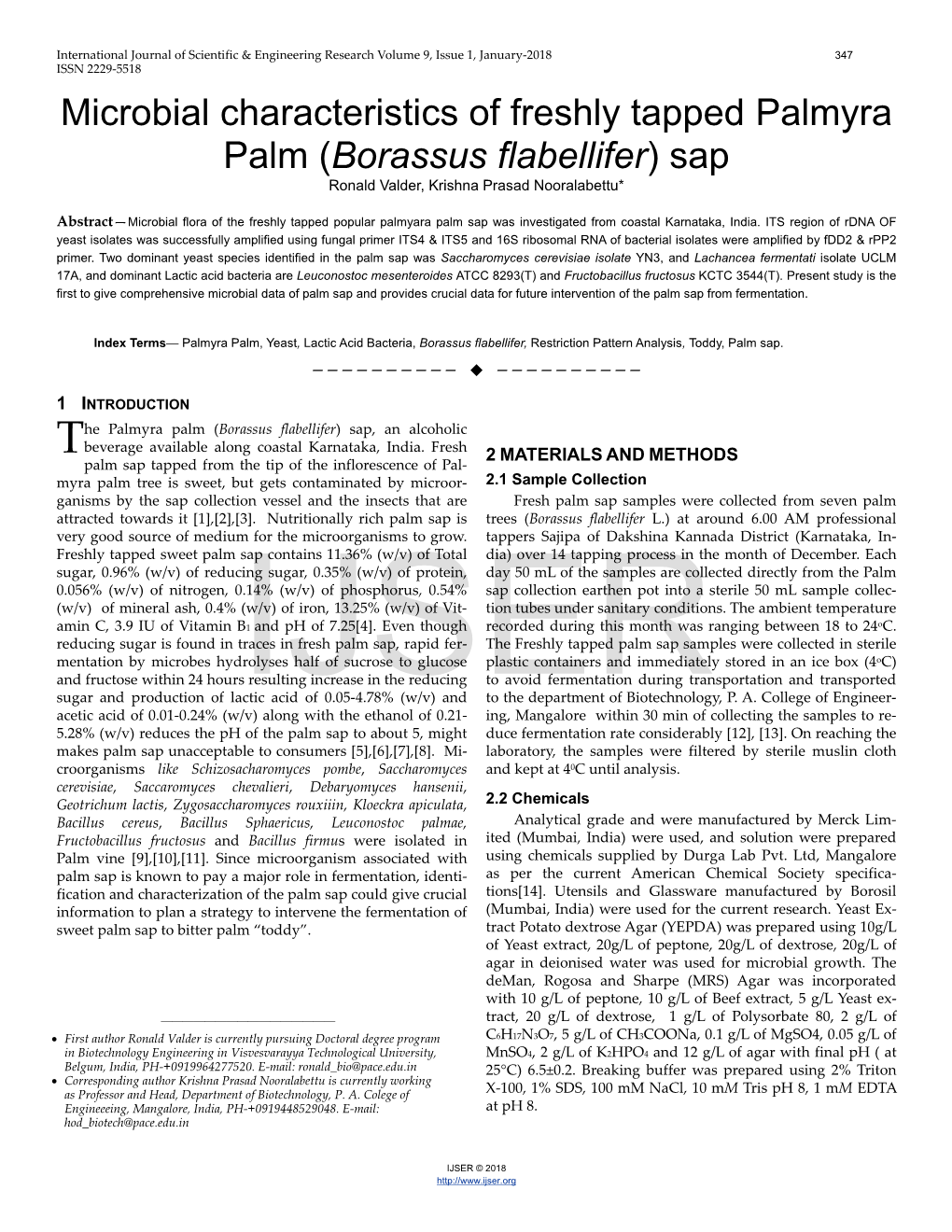 Microbial Characteristics of Freshly Tapped Palmyra Palm (Borassus Flabellifer) Sap Ronald Valder, Krishna Prasad Nooralabettu*