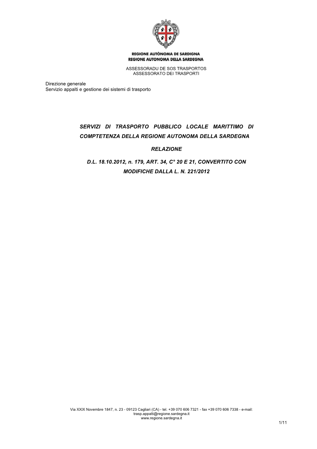 Servizi Di Trasporto Pubblico Locale Marittimo Di Comptetenza Della Regione Autonoma Della Sardegna