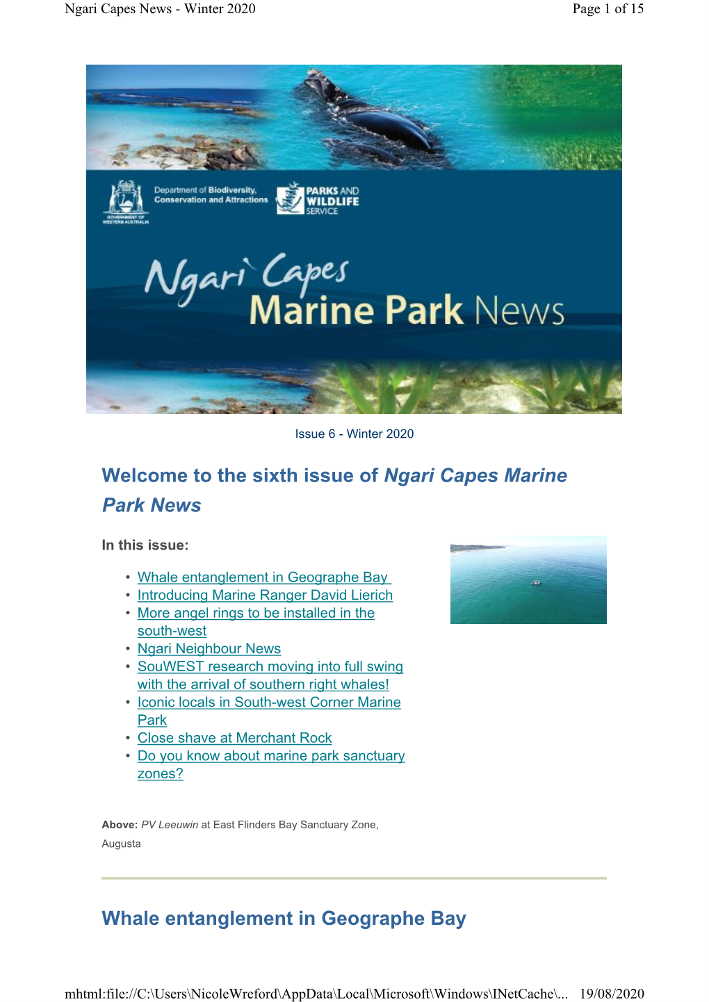 The Sixth Issue of Ngari Capes Marine Park News Whale