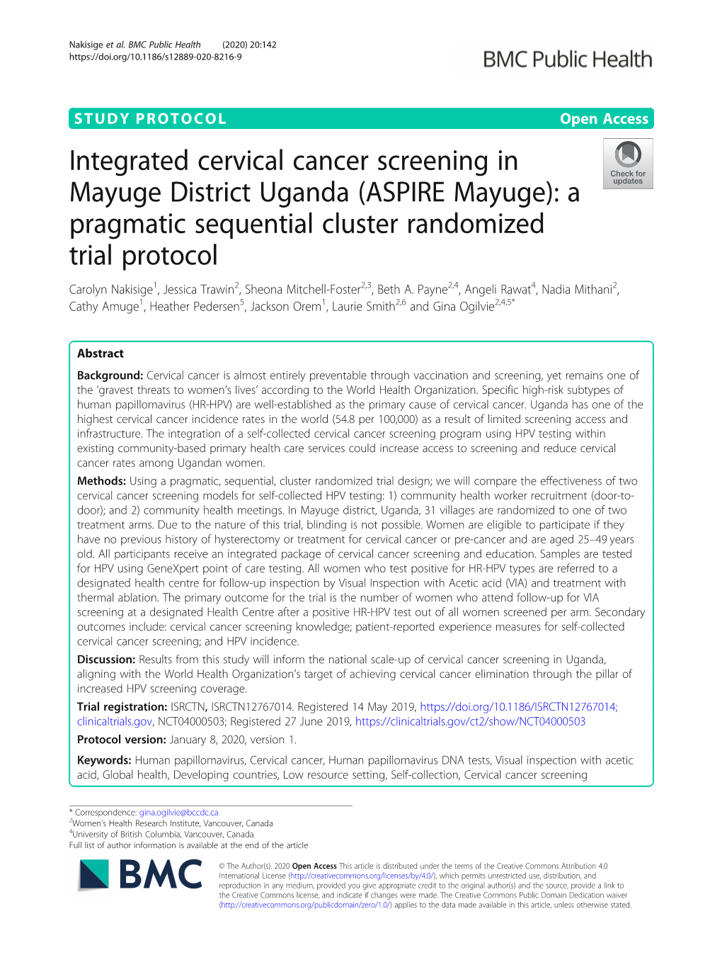 Integrated Cervical Cancer Screening in Mayuge District Uganda