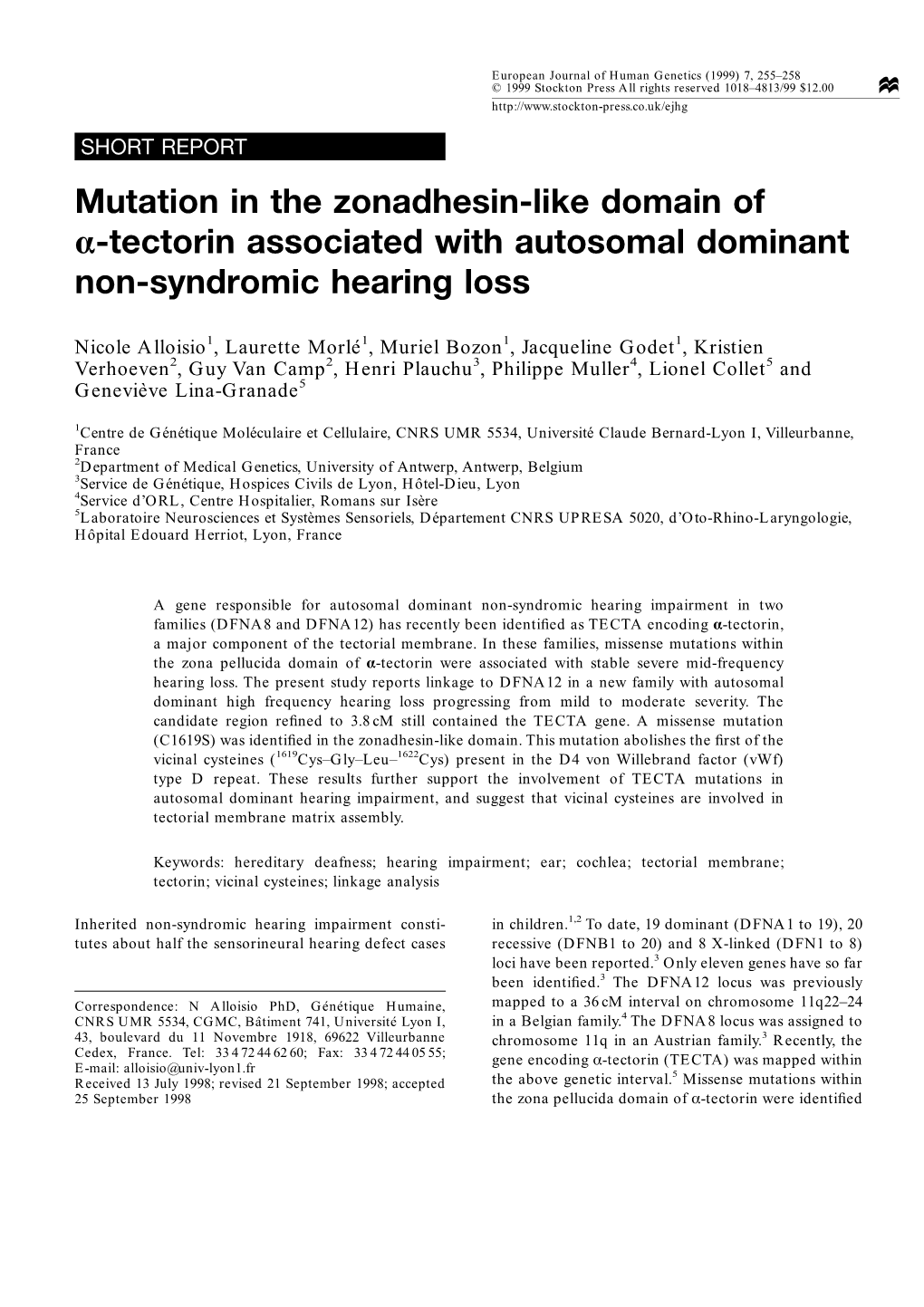 Mutation in the Zonadhesin-Like Domain of Alpha-Tectorin Associated