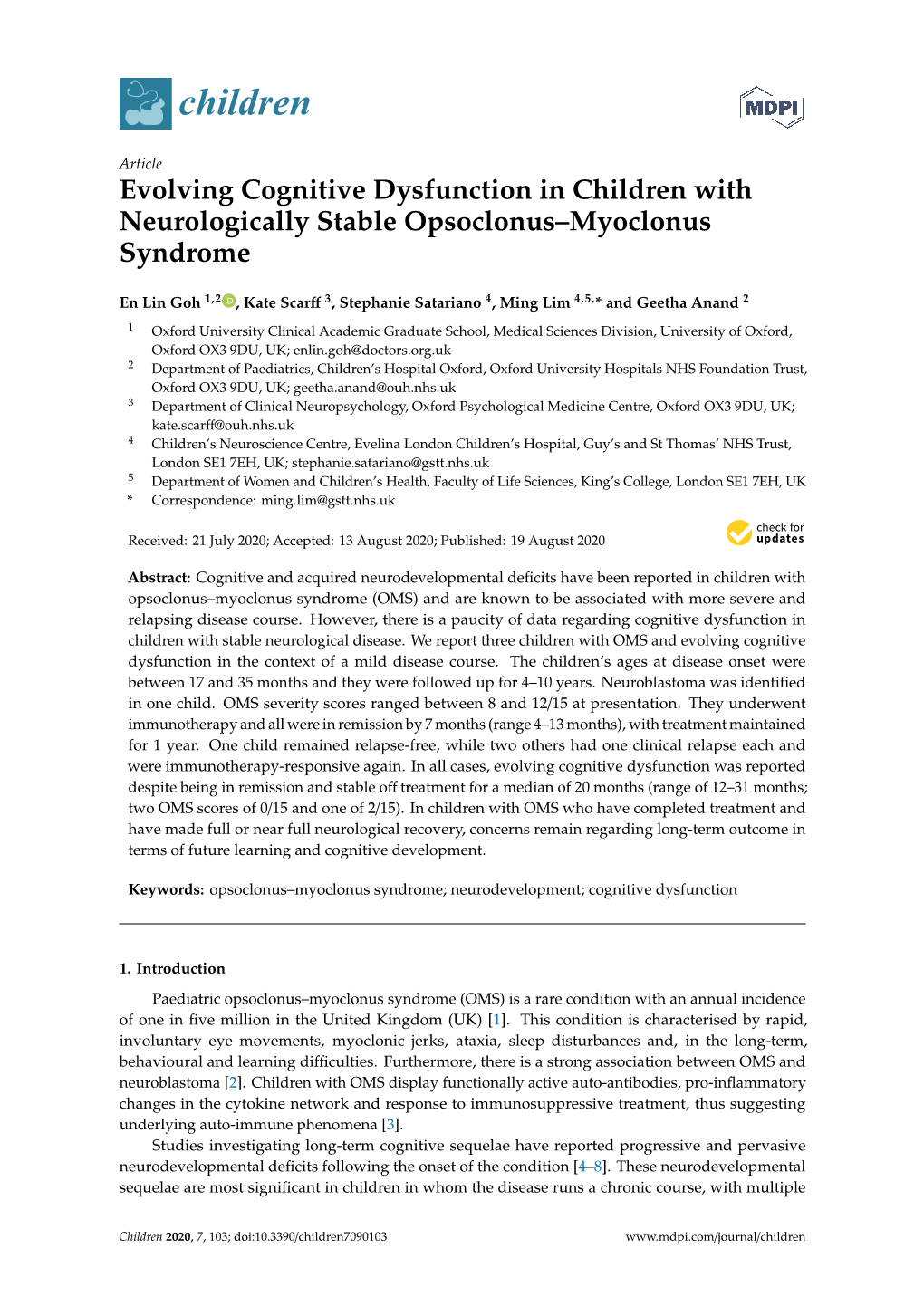 Evolving Cognitive Dysfunction in Children with Neurologically Stable Opsoclonus–Myoclonus Syndrome