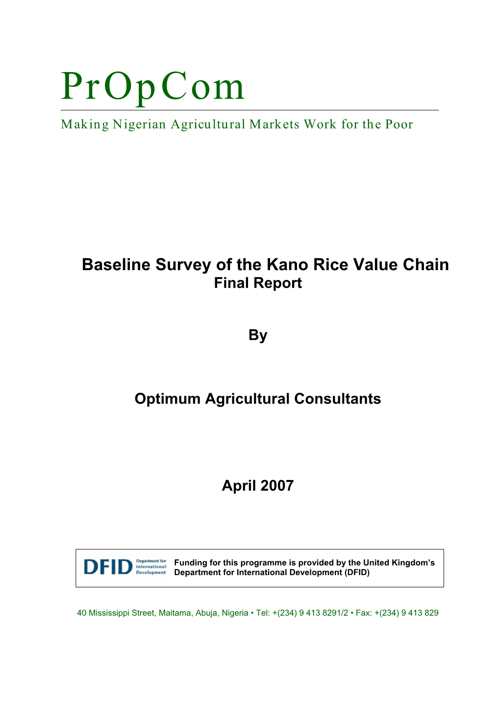 Final Report on the Baseline Survey of the Kano Rice Value Chain
