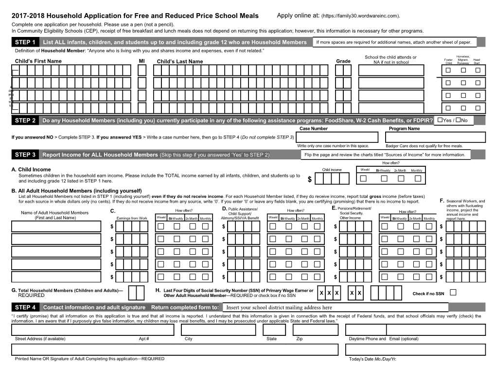 2017-2018 Household Application for Free and Reduced Price School Meals