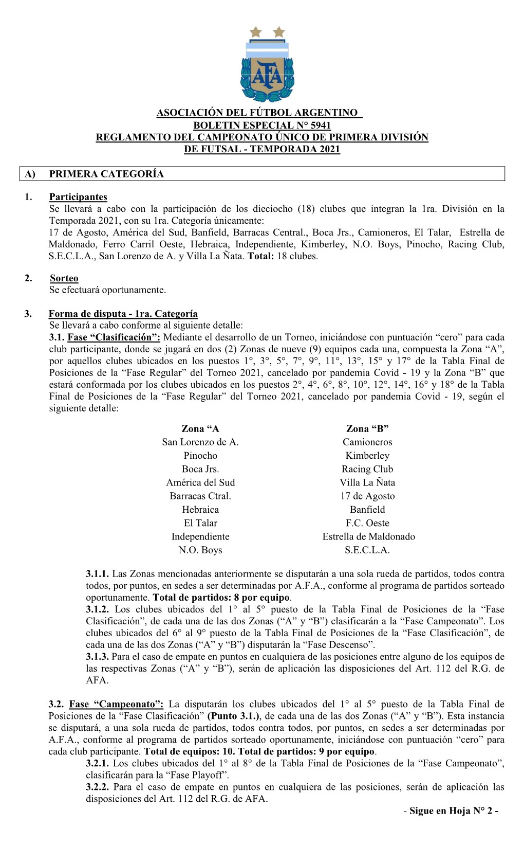 Asociación Del Fútbol Argentino Boletin Especial N° 5941 Reglamento Del Campeonato Único De Primera División De Futsal - Temporada 2021