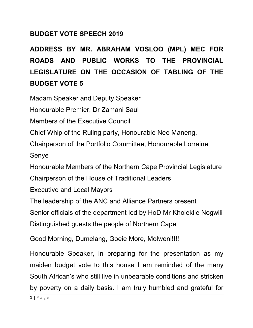 Budget Vote Speech 2019 Address by Mr. Abraham