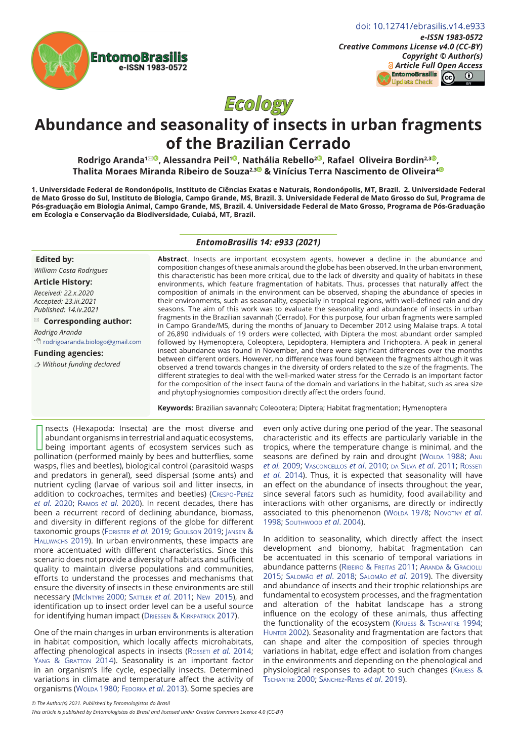 Abundance and Seasonality of Insects in Urban Fragments of the Brazilian